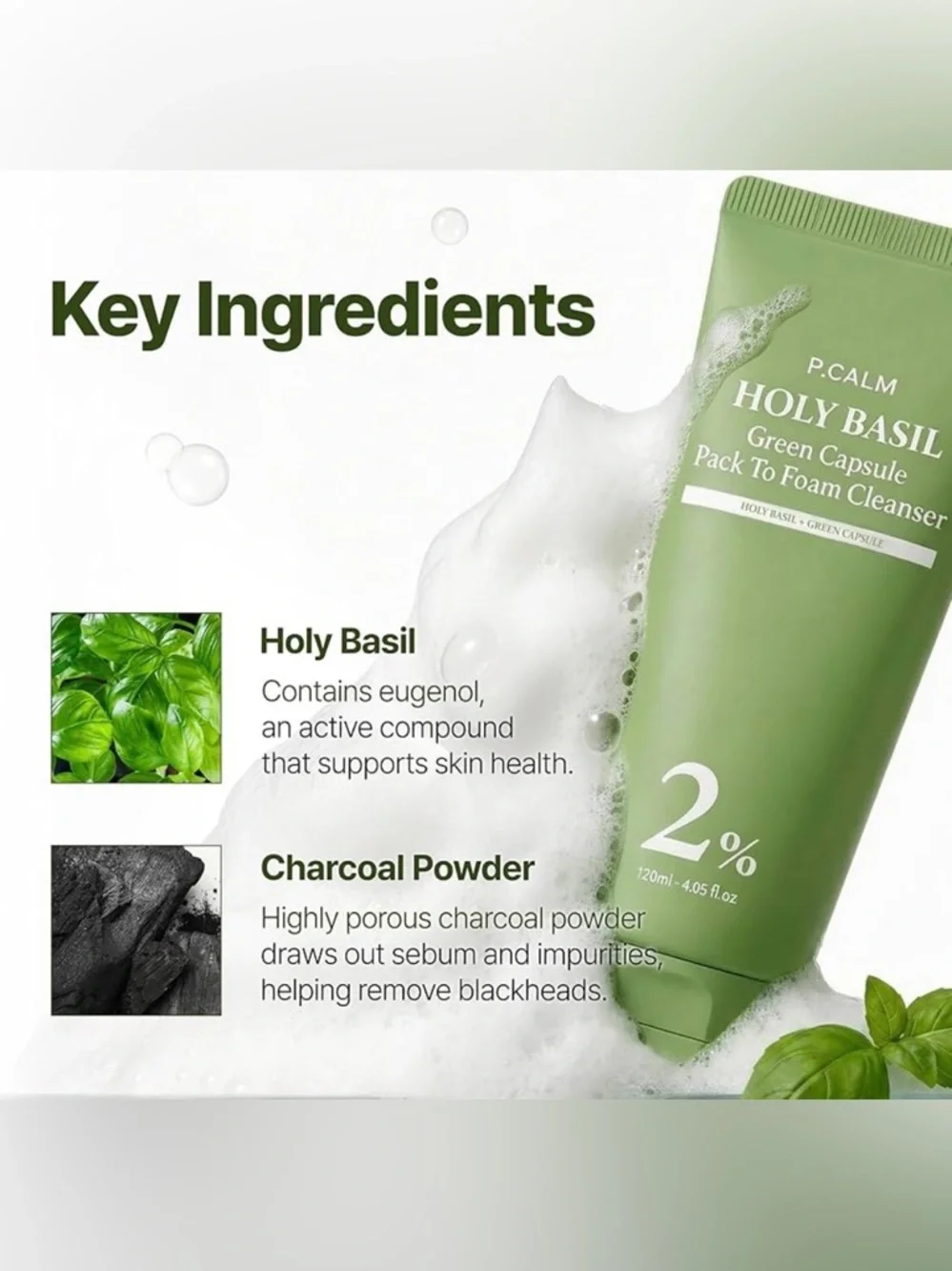 Korean Skincare P.CALM Holy Basil Green Capsule Pack to Foam Cleanser